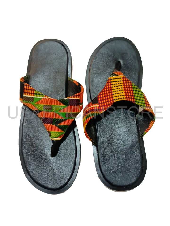 Leather Slide for Men | Handmade African Kente Print Sandals, Open Toe Shoe, Black Men Footwear -10