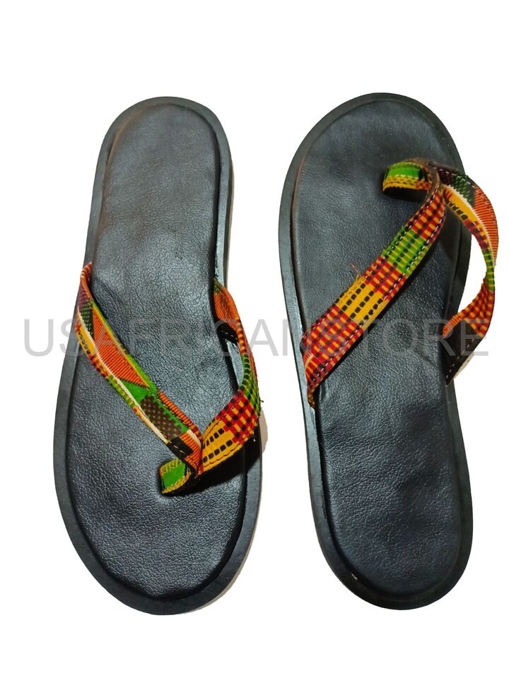 Leather Slide for Men | Handmade African Kente Print Sandals, Open Toe Shoe, Black Men Footwear - 10.5
