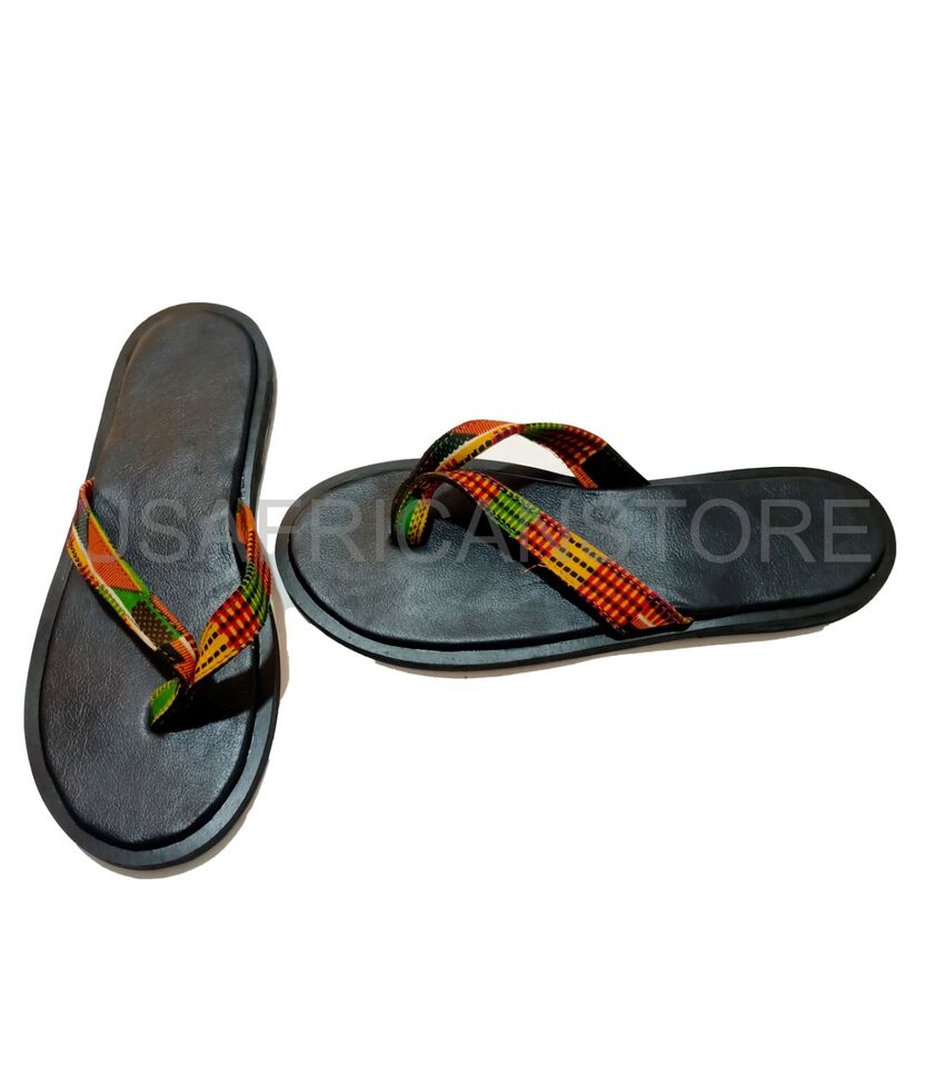 Leather Slide for Men | Handmade African Kente Print Sandals, Open Toe Shoe, Black Men Footwear - 10.5
