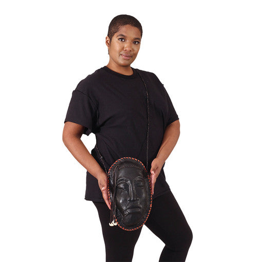 Original Black Leather Purse - Mask Design, African Leather Bag