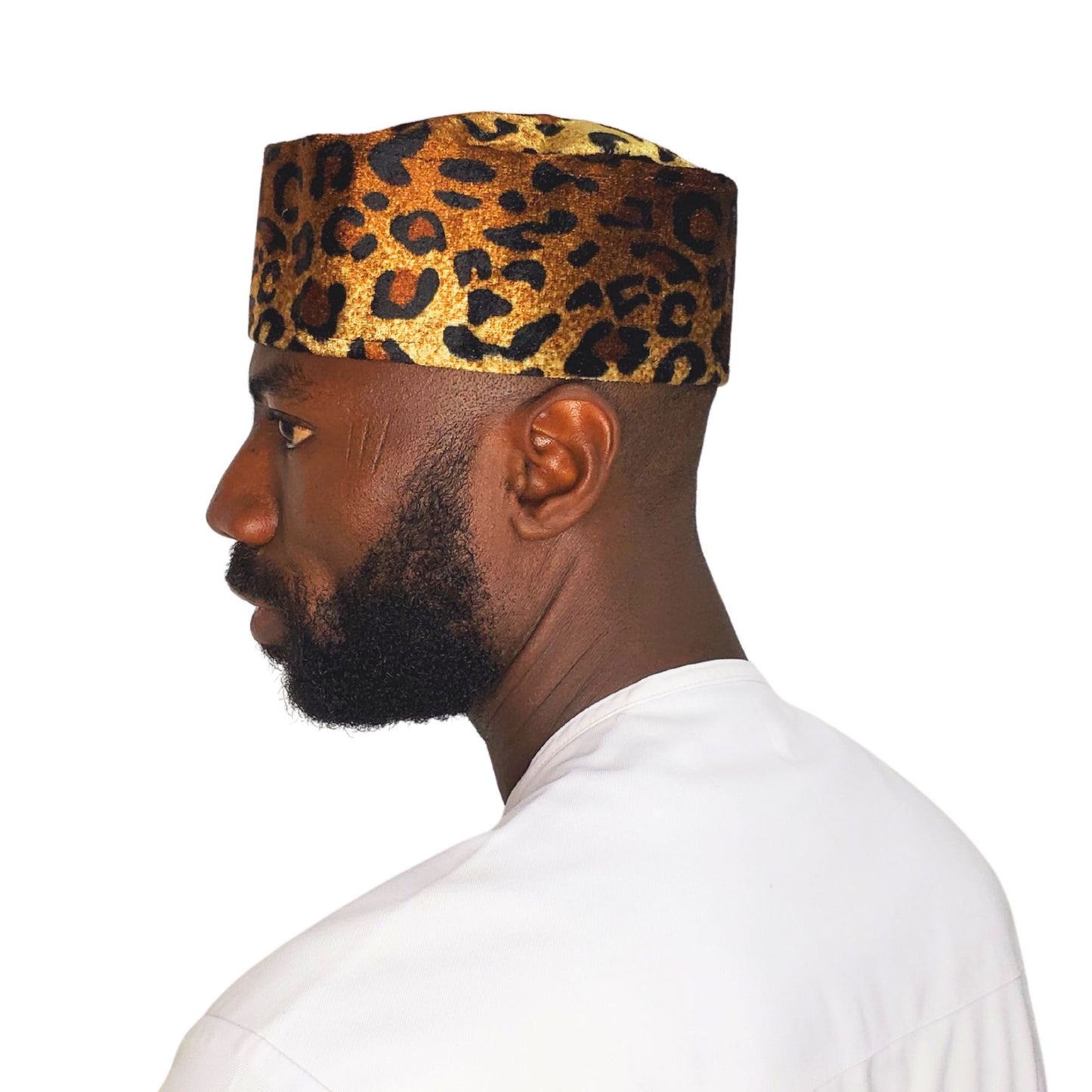 Leopard Print Velvet Cap, African Traditional Men's Kufi Animal Print Hat