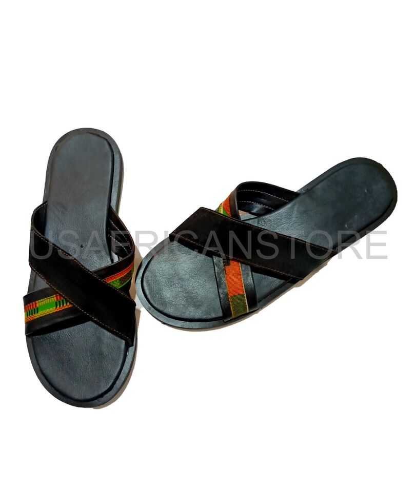 Leather Slide for Men | Handmade African Kente Print Sandals, Open Toe Shoe, Black Men Footwear -10.5