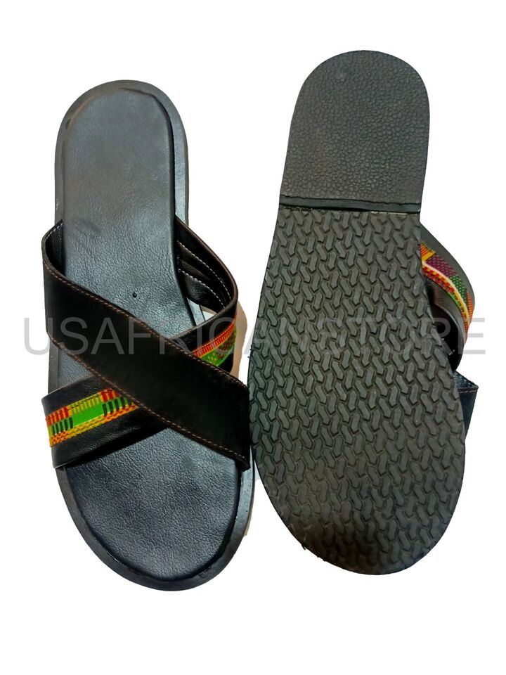 Leather Slide for Men | Handmade African Kente Print Sandals, Open Toe Shoe, Black Men Footwear -10.5