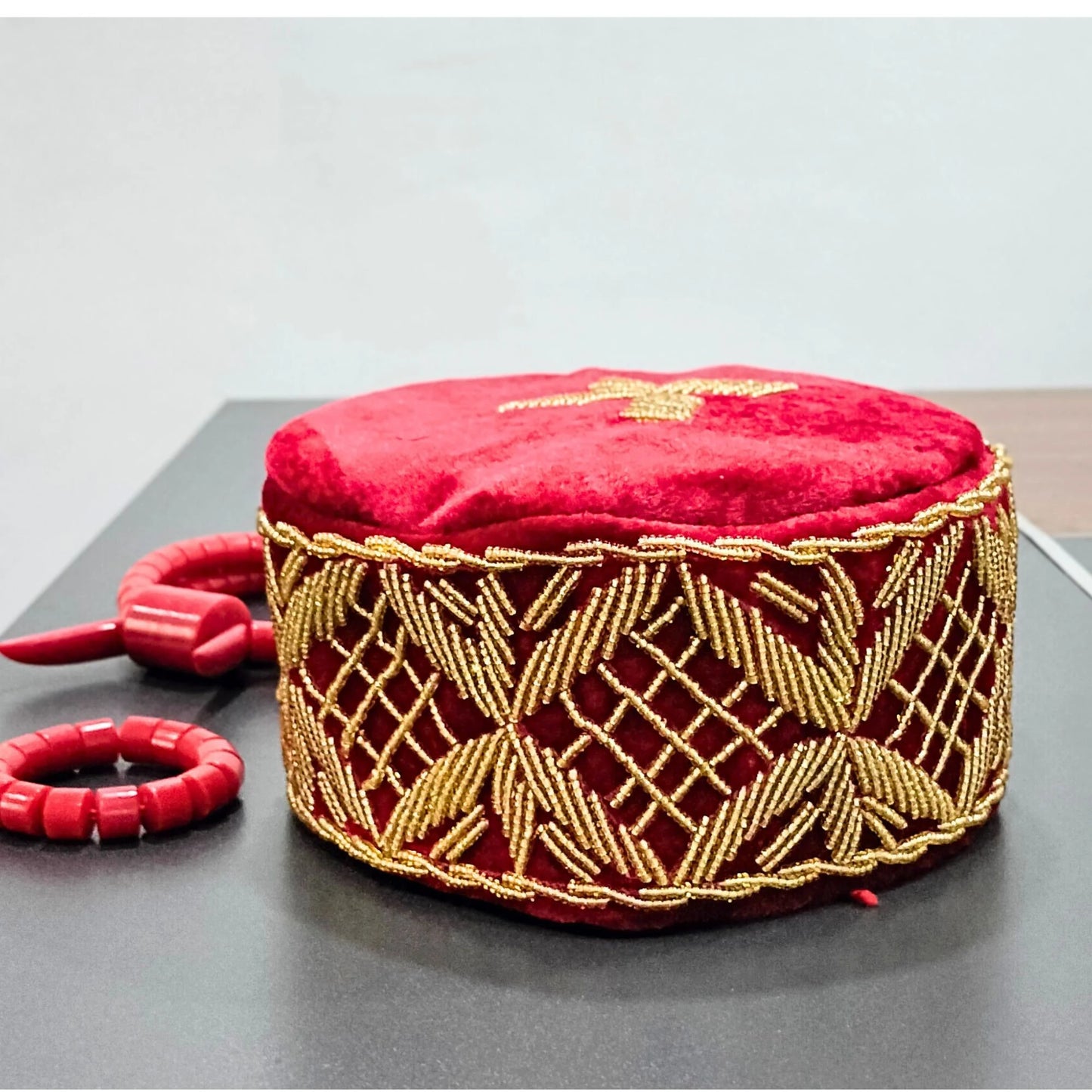 Red with Gold Embroidery African Traditional  Velvet Hat | Wedding, Occasional Attire For Men (Okpu Agu)