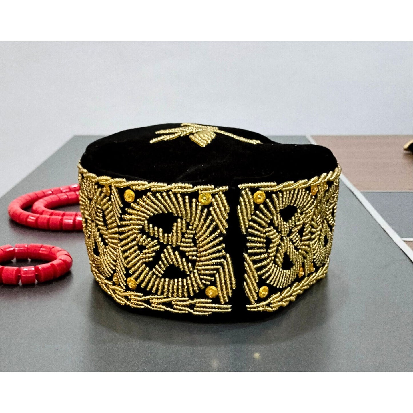 Black, Gold Embroidery African Traditional Hat | African Men's Wedding Cap(Okpu Agu) | Igbo Ozo Cap